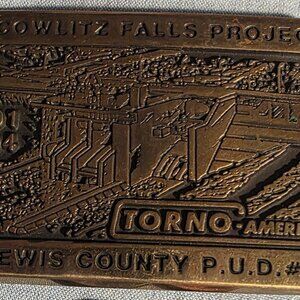 Vintage 1992 Metal Belt Buckle, Brass, Cowlitz Falls Project, Torno, Lewis Count